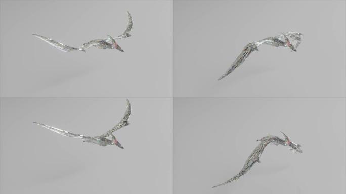 钻石翼龙飞行。自然和动物的概念。低聚。白色。无缝循环的3d动画