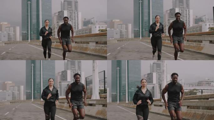 4k视频片段，一个运动的年轻男女在城市中奔跑