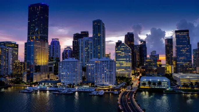 佛罗里达州迈阿密内透灯光延时摄影国外航拍