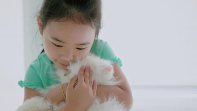 一个女孩抱着一只白色毛茸茸的猫。
