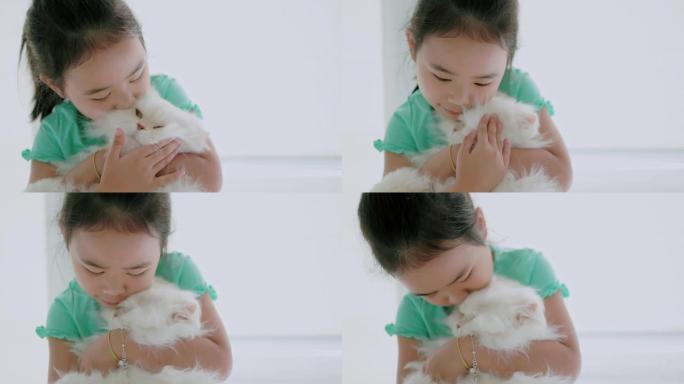 一个女孩抱着一只白色毛茸茸的猫。