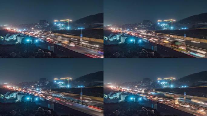 沿边高速公路的道路和建筑施工现场，繁忙的夜间交通时间在印度马哈拉施特拉邦的印度城市的国道上流逝