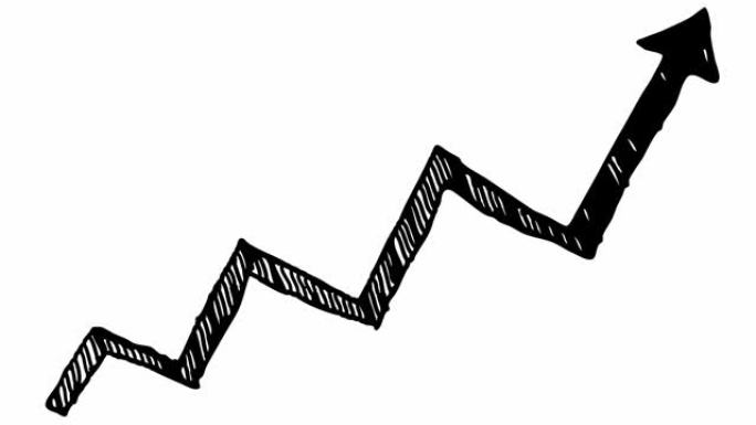 带有趋势线图的动画财务增长图。箭头的黑色图标。经济增长条形图。手绘矢量插图孤立在白色背景上。