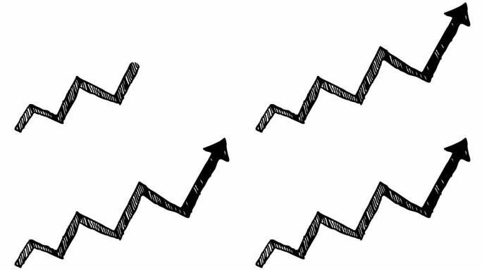 带有趋势线图的动画财务增长图。箭头的黑色图标。经济增长条形图。手绘矢量插图孤立在白色背景上。