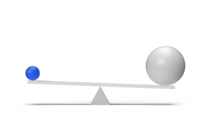 白色数字动画背景上跷跷板上的小球和大球平衡