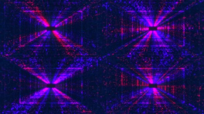 飞过未来主义的隧道。抽象3D动画。数据网络、虚拟现实、量子。照明走廊的概念，室内设计，宇宙飞船，银河