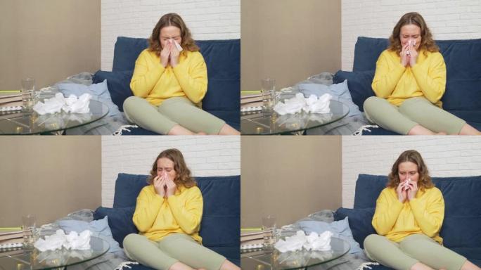女人打喷嚏，用手帕吹鼻子，她感冒，流感，大流行，感染。她过敏。她摩擦鼻子，挤压手帕，放在桌子上。鼻炎