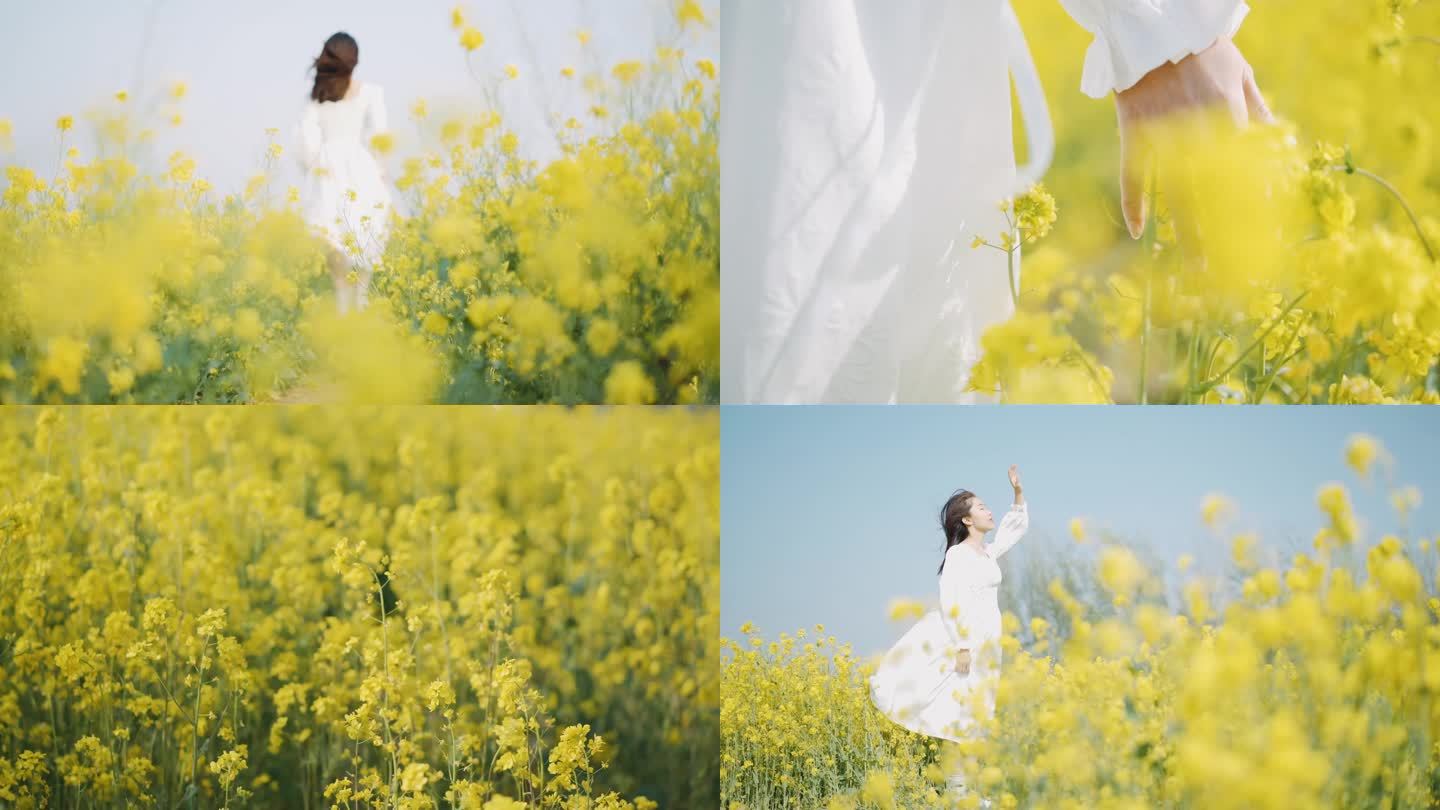 油菜花美女 唯美油菜花 法式美女奔跑