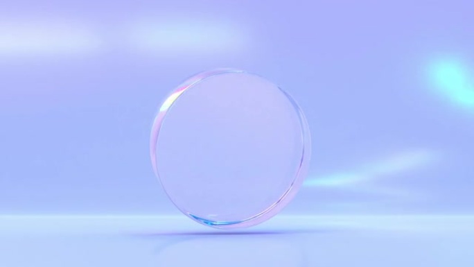 玻璃或水晶圆柱体，在紫色背景上具有色散彩虹光。冰球或硬币形状的闪亮透明圆形，带反射的光泽半透明圆形，