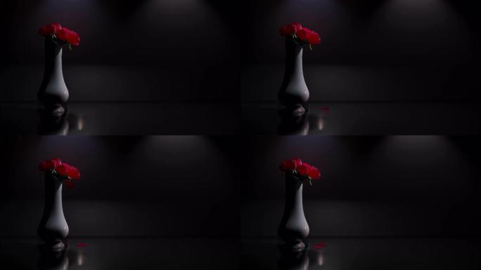 玫瑰花瓣从花瓶中落下，背景为黑暗
