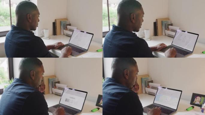 一个英俊的成熟商人在家庭办公室的笔记本电脑上工作的4k视频片段