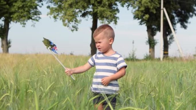 美国，一个小男孩在绿色的麦田里玩风车