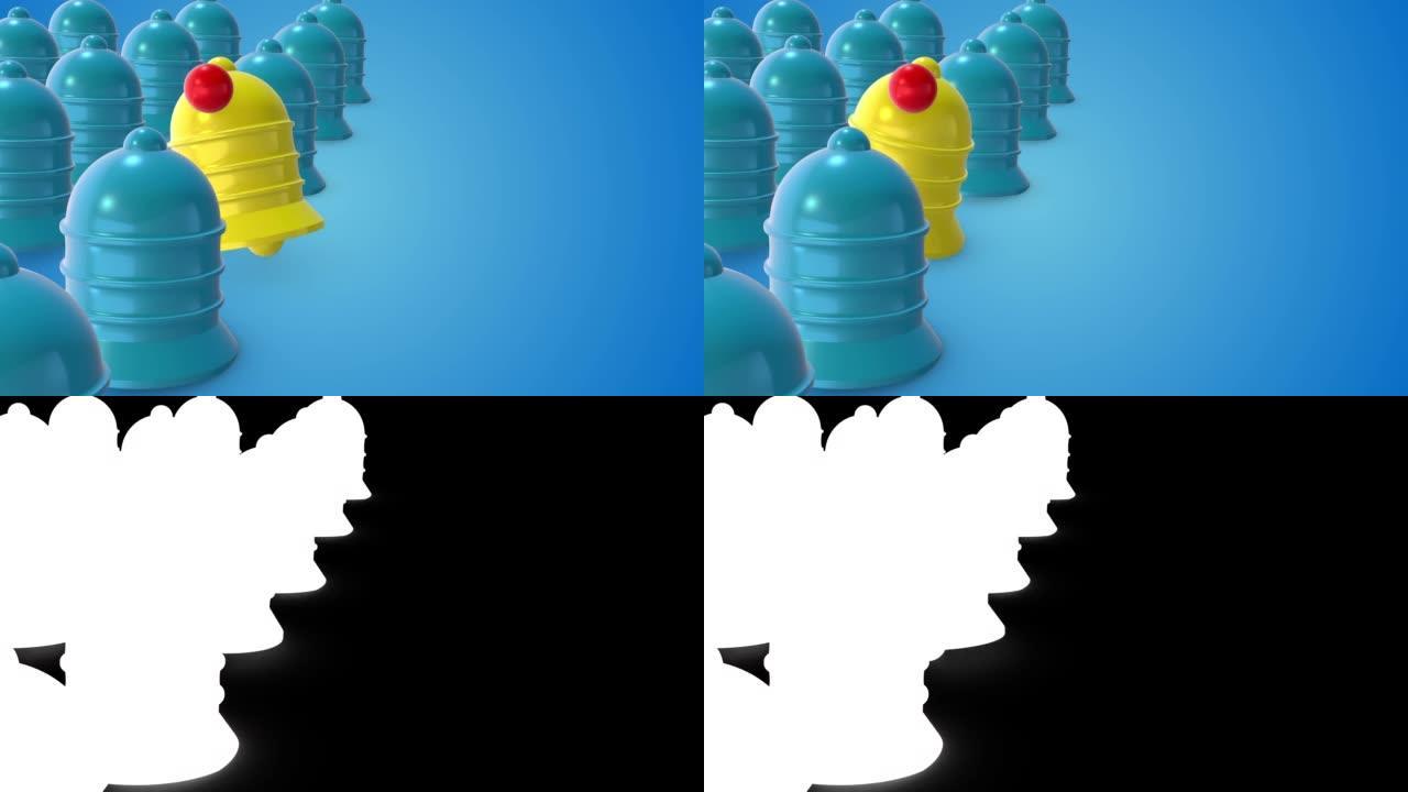 动画金钟在蓝色铃铛中脱颖而出，柔和的蓝色背景，3D插图和luma面具。