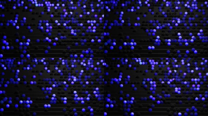 4k抽象循环背景，球形如灯泡或抽象花环。球或球体躺在台阶上。蓝紫色和浅色的波浪在台阶上滚动，形成美丽