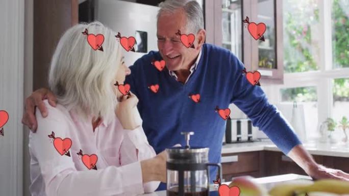 快乐的高加索高级夫妇喝咖啡的心动画