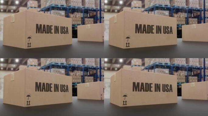 滚筒输送机上带有美国制造文字的盒子。美国商品相关可循环3D动画