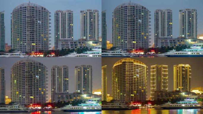 暮光之城三亚市湾公寓大楼正面全景4k延时中国海南岛
