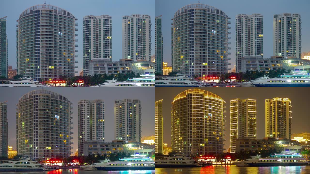 暮光之城三亚市湾公寓大楼正面全景4k延时中国海南岛