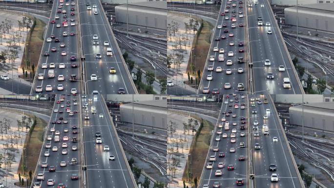 空中无人机在曼谷日落场景的高速公路的高角度视图