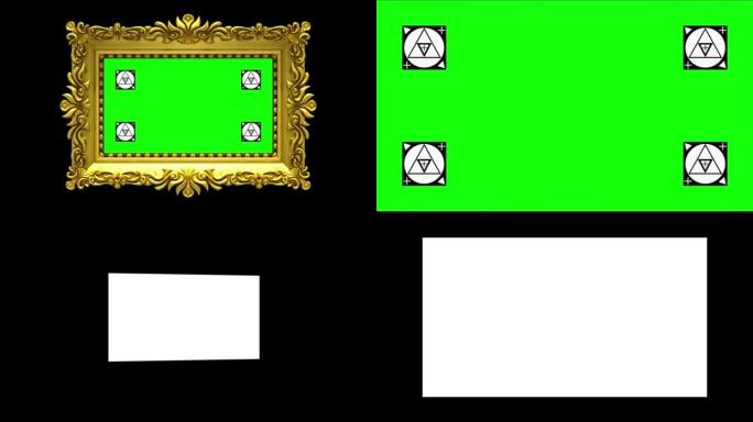 豪华金色相框在黑色背景上旋转。介绍了运动跟踪标记和绿屏，3d动画。包括阿尔法哑光。