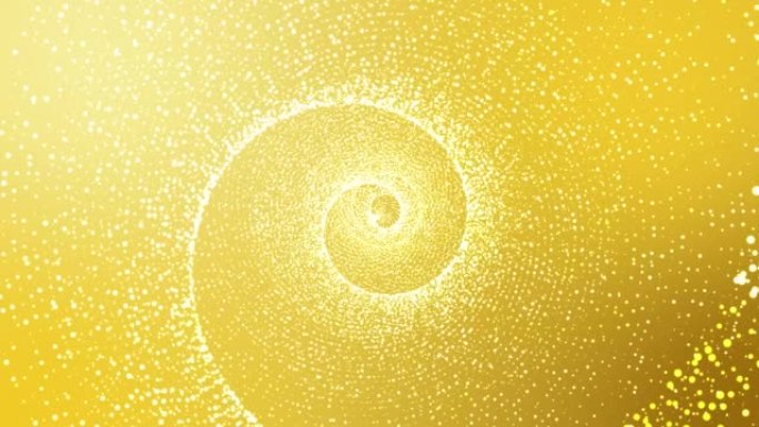螺旋闪亮的涡旋在带有漂浮颗粒的金色背景上旋转。