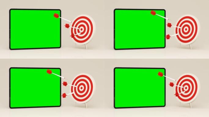 飞镖用复制空间击中白色背景中心的目标。平板电脑和绿屏的最小概念。3d渲染插图