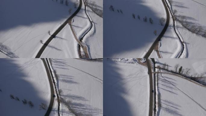 范·惠灵 (Van wheeling) 在白雪皑皑的田野中，鸟瞰图