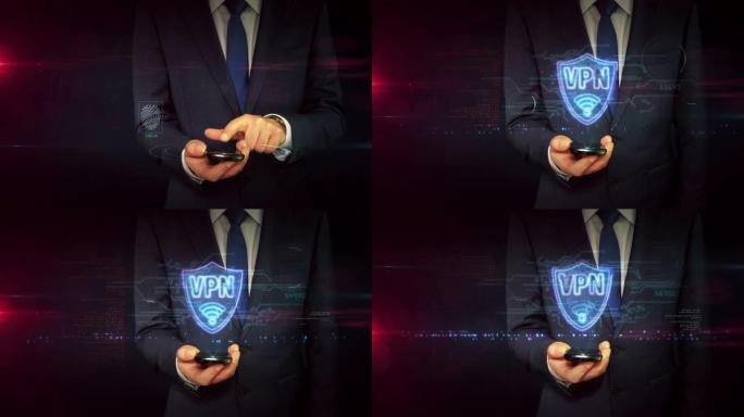 人手智能手机上的VPN霓虹灯标志