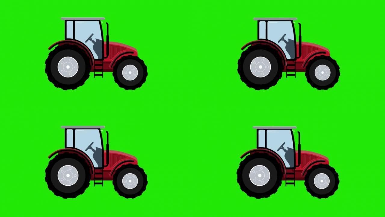 红色拖拉机的动画。卡通拖拉机在绿屏背景上移动。农用车辆在道路上行驶。农业机械。农用车的平面设计。阿尔