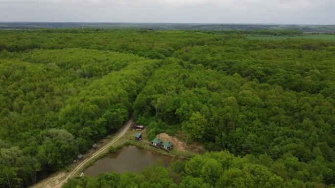 在多云的夏日，空中无人机拍摄了美丽的自然户外景观，俯瞰着东欧西部乌克兰森林环绕的小三角湖。休闲旅游景