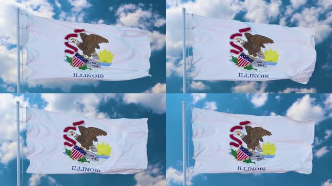 伊利诺斯州的旗帜挂在旗杆上，在空中迎风飘扬。美国的伊利诺斯州