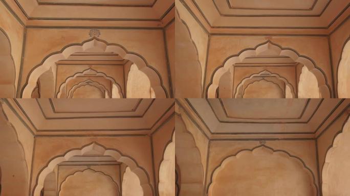 走廊，墙和拱门内的Sheesh Mahal在阿米尔(琥珀)堡