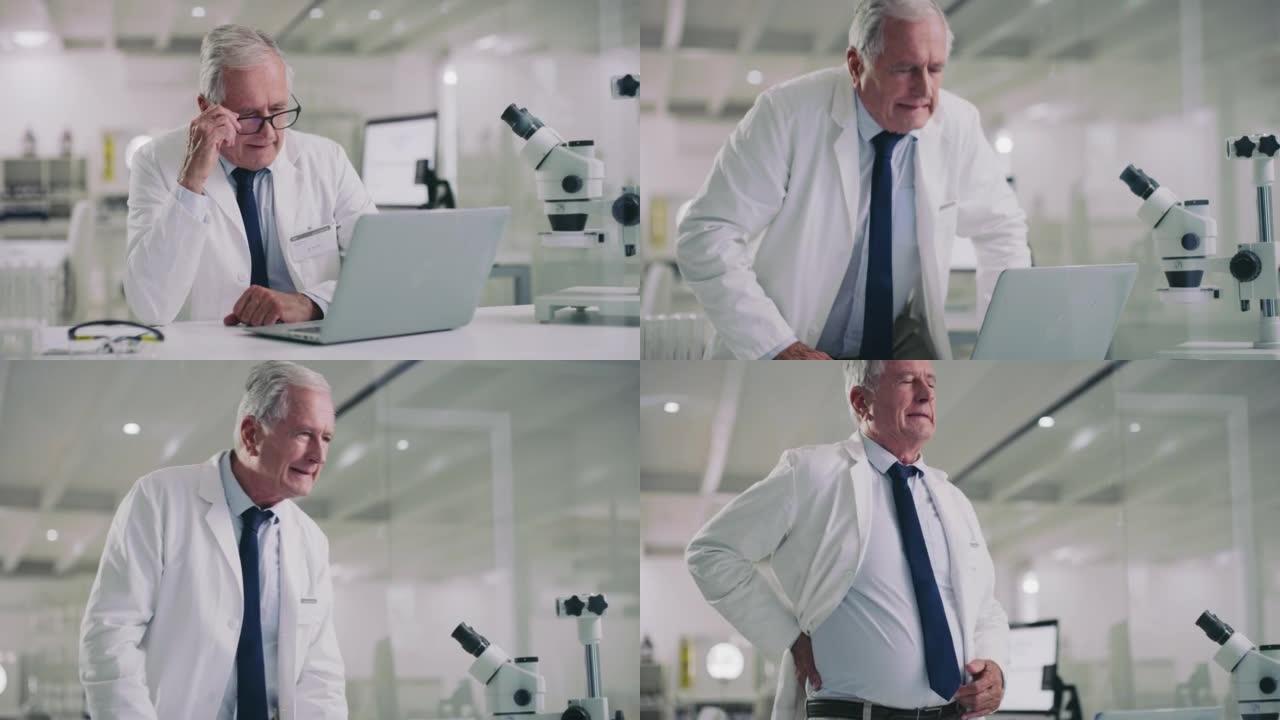 一位科学家使用笔记本电脑并在现代实验室中看起来压力很大的4k视频片段