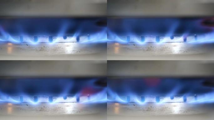 厨房燃烧器燃气灶透明蓝色火焰燃烧实时，对象宏，细节，极端特写，没有自然资源使用，能源，燃料和发电，烹