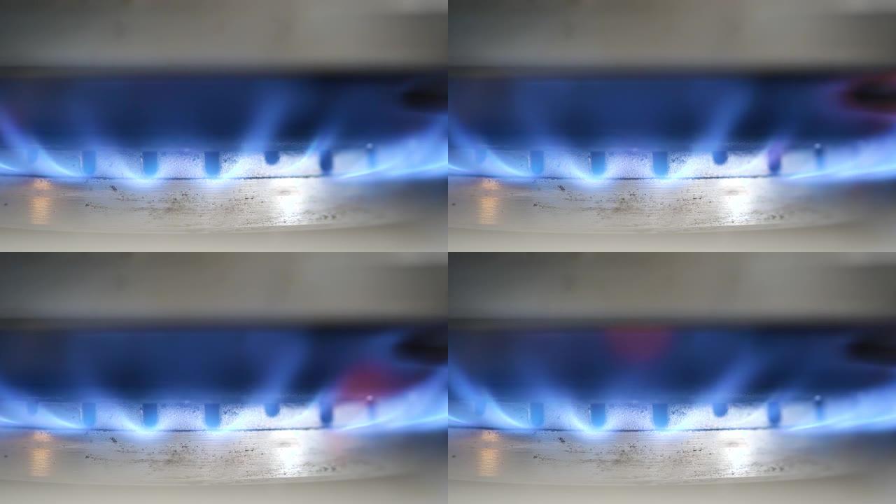 厨房燃烧器燃气灶透明蓝色火焰燃烧实时，对象宏，细节，极端特写，没有自然资源使用，能源，燃料和发电，烹