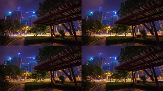 夜间照明三亚交通街河滨公园全景4k延时海南岛中国