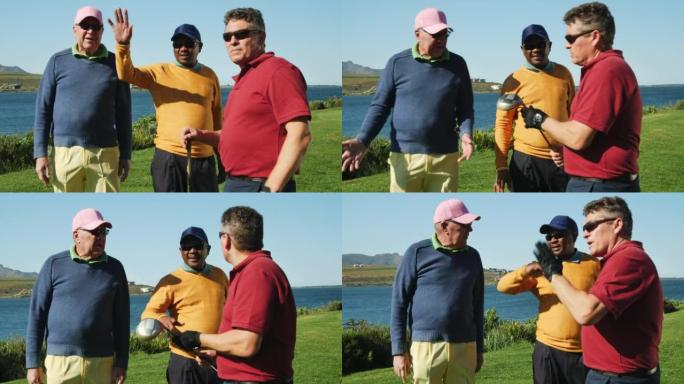 退休的男高尔夫球手准备在阳光明媚的湖边高尔夫球场开球
