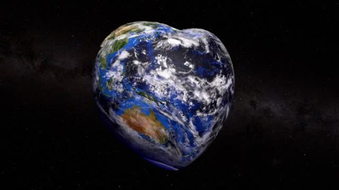 地球生命与和平的概念。心形行星地球在黑暗的背景上脉动。3d动画