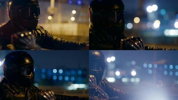 靠近头盔骑摩托车的摩托车手，在城市有夜灯