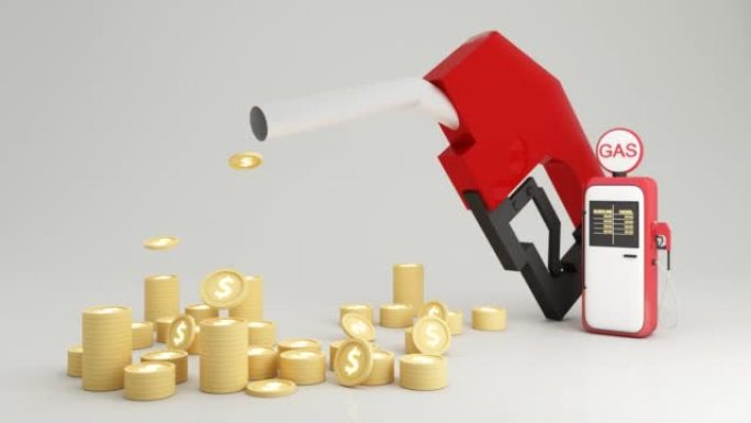 加油站漏油危机的情况。昂贵的石油，燃料，石油流入硬币美元货币现金白色孤立背景3d渲染动画循环