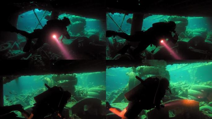 一名男子在海洋中探索沉船的4k录像