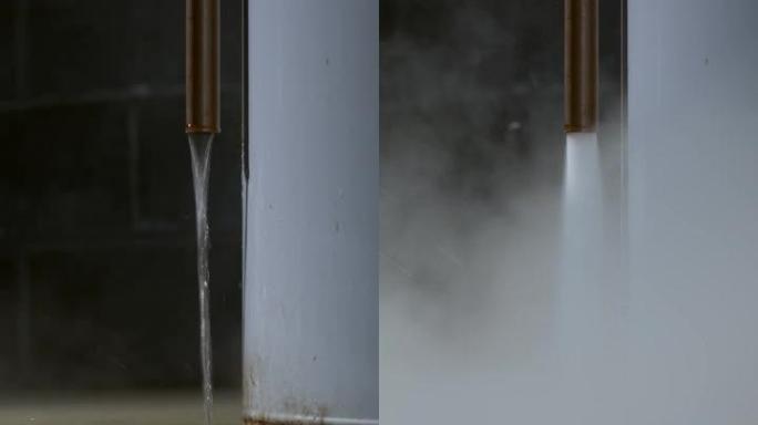 热水器泄压阀管泄漏的垂直镜头，爆炸