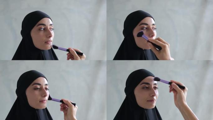 一名穆斯林女性电视节目主持人正准备在媒体节目中发言，一名造型师帮助她在播出前化妆。妇女自由变化的最新