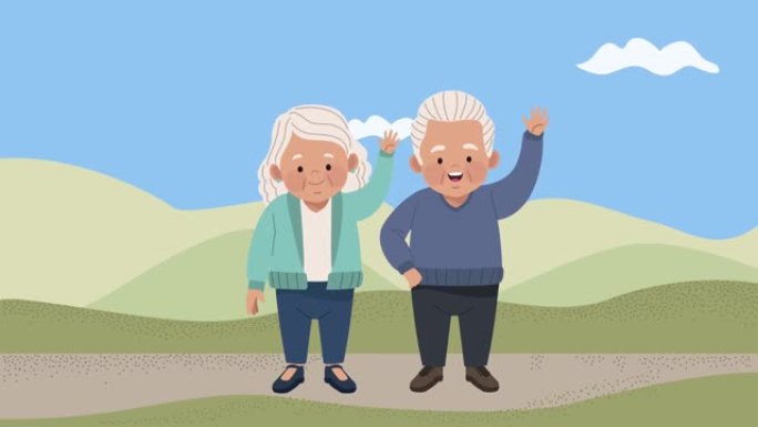 风景人物动画中的老夫妇