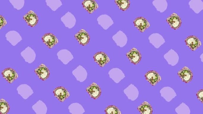 紫色背景上的日本寿司卷彩色图案。寿司无缝图案。顶视图。逼真的动画。4k视频运动