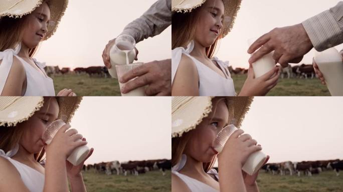 适合小孩的营养，女孩在户外喝健康的天然牛奶