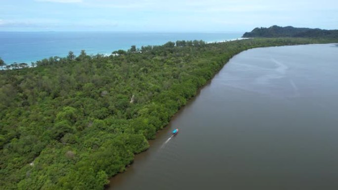 泰国攀牙府红树林湿地河中的4k鸟瞰图多莉倾斜长尾船