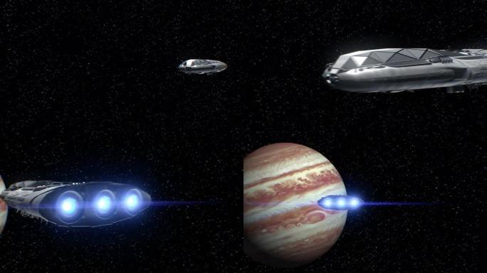 木星之旅，科幻宇宙飞船接近行星，引擎脉动，3d动画。行星的纹理是在图形编辑器中创建的，没有照片和其他