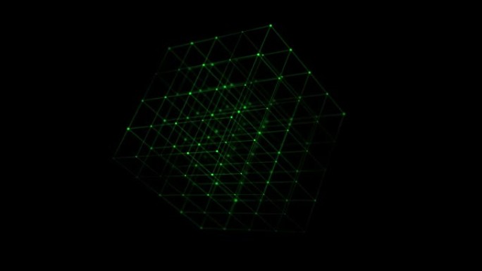 线框多边形元素。抽象黑色背景与绿色立方体。技术塑造连接线和点。未来主义概念。透视。3d立方体图标。虚