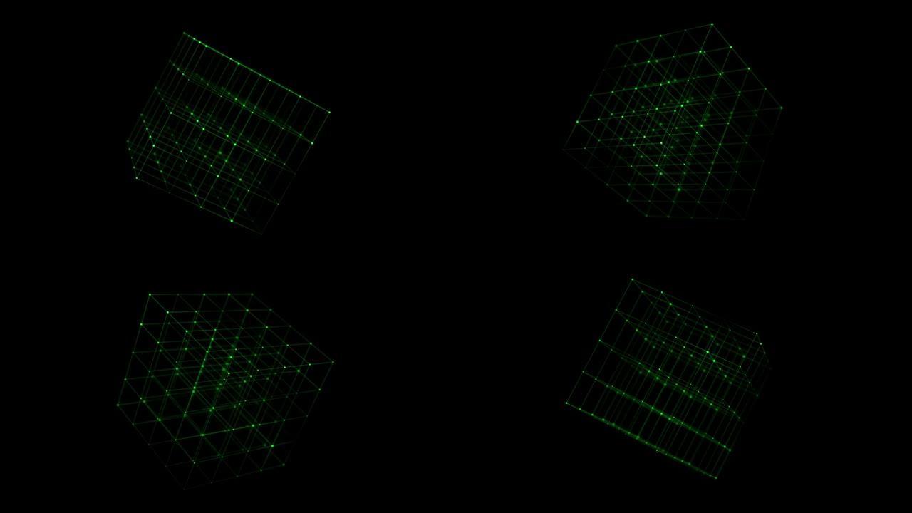 线框多边形元素。抽象黑色背景与绿色立方体。技术塑造连接线和点。未来主义概念。透视。3d立方体图标。虚